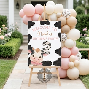 Moo Moo I’m Two Pink Birthday Welcome Sign  , Pink Cow 2nd Birthday Decor, Farm Girl Party Sign,  Cow Theme Birthday Canva Template , MPV2