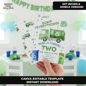 May include: A birthday invitation with a green garbage truck graphic and the text "DUMP EVERYTHING!" The invitation reads "Noah is turning TWO" with event details. The design includes blue and green accents and is a Canva editable template.