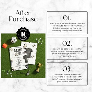 May include: A soccer-themed digital product announcement with the text "GAME ON!" and "Noki's 10th Birthday." The image includes a soccer ball, jersey, trophy, and instructions for downloading the digital files after purchase.
