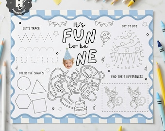Fun To Be One Photo Boy 1st Birthday Activity Placemat  , Colorful First Birthday Decor, Custom Photo 1st Birthday Decor, One is Fun  Hat