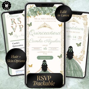 May include: Three smartphone screens displaying Quinceañera invitations. The central screen features the text "Quinceañera" and event details. The design includes floral accents, butterflies, and a countdown timer. Additional text includes "RSVP Trackable" and "Edit in Canva."