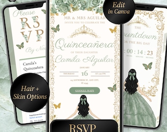 Quinceañera Sage Green Digital Invitation RSVP Online ,Mis Quince 15 Años CanvaTemplate Sweet 15 Birthday, Quinceanera RSVP Canva Website