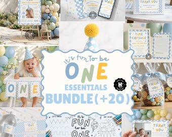 Fun To Be One  Boy 1st Birthday Bundle, Colorful First Birthday Party Bundle, Custom 1st Birthday Invite, One is Fun Party Hat