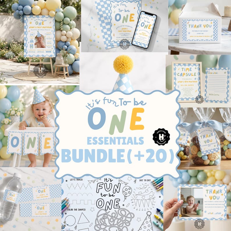 May include: A collection of party supplies with a "It's Fun To Be One" theme. Includes invitations, a banner, a coloring sheet, water bottle labels, and a "Thank You" card. The color scheme is blue, yellow, and white.