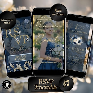 May include: Three smartphones displaying digital invitations for a Quinceañera. The central phone shows a woman in a blue dress holding flowers. The other phones display RSVP and countdown details. Gold and navy blue floral accents.