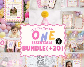 Fun To Be One Girl 1st Birthday Party Bundle  , Colorful First Birthday Bundle, Custom  1st Birthday Invite, One is Fun Party Hat
