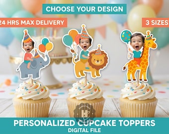 Adornos para cupcakes de safari con animales de fiesta con cara personalizada, Llamando a todos los animales de fiesta, Decoración para fiesta de cumpleaños de Wild One, Animales con sombreros de fiesta