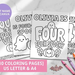 Pode incluir: Um conjunto de dez páginas para colorir imprimíveis com arte linear com tema de Halloween, incluindo fantasmas, abóboras e flores. O texto diz 'OLIVIA IS FOUR EVER SPOOKY' e 'OLIVIA IS FOURTH BIRTHDAY'. Inclui quatro giz de cera e um pingente.