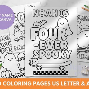 Pode incluir: Um conjunto de páginas para colorir imprimíveis com arte de linha em preto e branco e o texto NOAH IS FOUR-EVER SPOOKY. Os desenhos incluem fantasmas, abóboras e skates. Um lápis de cor roxo e um amarelo estão ao lado das folhas.