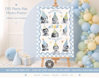 Fun To Be One Boy 1st Birthday Photo Milestone Poster , it's fun to be 1 Birthday Decor , Diy Photo 1st Birthday  , One is Fun Party Hat Kid