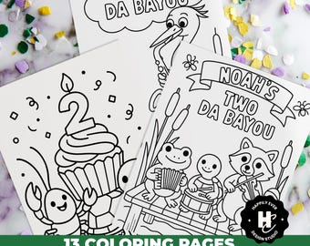 May include: Black and white coloring pages with the text "TWO DA BAYOU" and "NOAH'S TWO DA BAYOU". The pages feature illustrations of a stork playing a saxophone, a cupcake with a number 2 candle, and a band of animals. The text "13 COLORING PAGES EDIT IN CANVA" is also present.