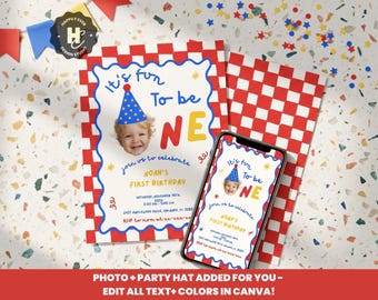 Fun To Be One Photo 1st Birthday Invitation , Primary Colors First Birthday Invitation, Custom Photo 1st Birthday, One is Fun Party Hat