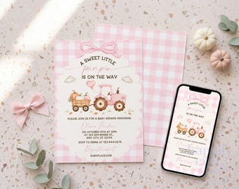 Sweet Little Pumpkin Baby Shower Invitation, Pink Gingham Tractor Girl Fall Invite, Editable Canva Template