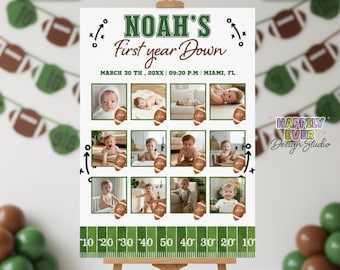 First Year Down Birthday Photo Milestone Sign, FootballHall of Fame Photo Board , 1st year down birthday party, editable canva template