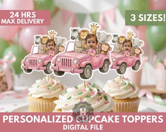 Adornos personalizados para cupcakes con cara de safari rosa, Cumpleaños de safari rosa salvaje, Decoración de cumpleaños con animales de safari, Nacido para ser salvaje