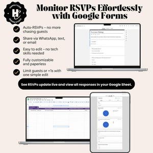 May include: Image promoting Google Forms for RSVP management. The image shows a laptop and tablet displaying forms and spreadsheets. Text highlights features like auto-RSVPs, easy editing, and customization. The text reads "Monitor RSVPs Effortlessly with Google Forms."
