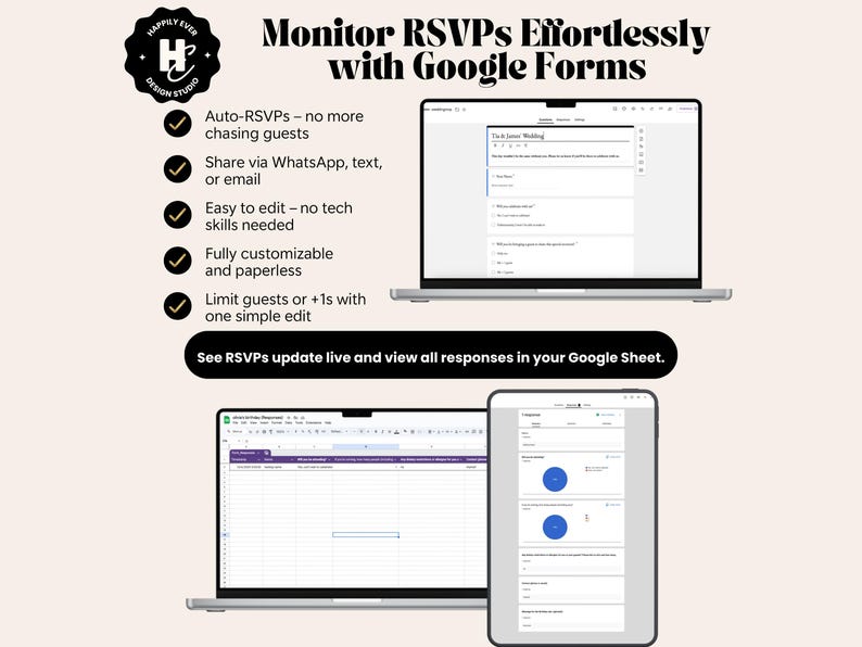 May include: Image promoting Google Forms for RSVP management. The image shows a laptop and tablet displaying forms and spreadsheets. Text highlights features like auto-RSVPs, easy editing, and customization. The text reads "Monitor RSVPs Effortlessly with Google Forms."