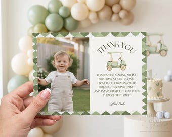 Hole in One Thank You Card, First Birthday Golf Photo Thank You, Editable Canva 5x7 Card, Golf Birthday Thank You