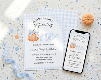 Blue Bow Our Little Pumpkin 1st Birthday Invitation, Fall Birthday Boy, Gingham Autumn Pumpkin Invite