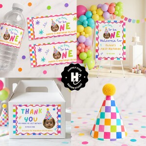 May include: A collection of first birthday party supplies featuring a colorful checkered pattern and confetti motifs. Items include water bottle labels, a welcome sign, a white favor box with a thank you label, and a cone-shaped party hat.