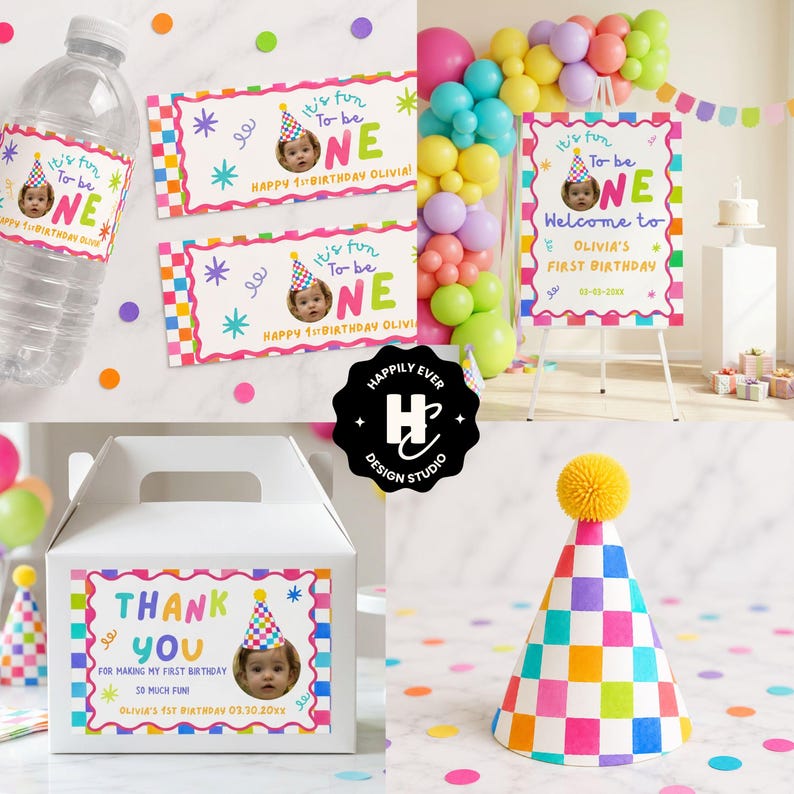 May include: A collection of first birthday party supplies featuring a colorful checkered pattern and confetti motifs. Items include water bottle labels, a welcome sign, a white favor box with a thank you label, and a cone-shaped party hat.