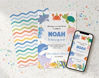 Ocean Animals Birthday Invitation, Under the Sea Birthday Invitation, Editable Canva Template