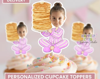 Pancakes and Pajamas Birthday Custom Photo Cupcake Topper ,  Pancakes and Pajamas Birthday Party, Pancake Sleepover, slumber party