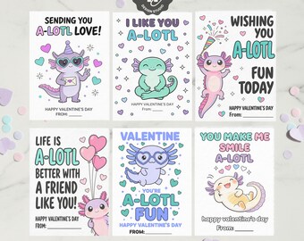 Axolotl Valentine's Day Cards for Kids: Printable VDay Gift Tag , You're alotl fun tag , I like you a lotl , Cute Girls Valentine's Exchange
