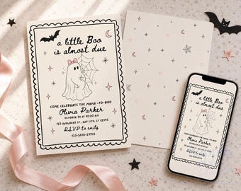 A Little Boo Is Almost Due Baby Shower Invitation, Hand Drawn Ghost Halloween Baby Shower Canva Template