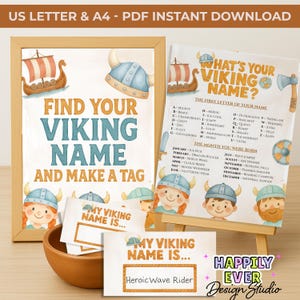 May include: A framed print and a smaller easel-backed print with a Viking theme. The framed print says "Find Your Viking Name and Make a Tag." The easel print says "What's Your Viking Name?" with a list of names. Includes name tags.