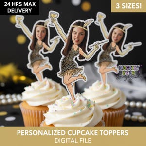 May include: Cupcakes topped with personalized flapper-themed decorations. The illustrations feature a woman in a gold and black dress, holding a champagne glass and cigarette holder. Text on the image reads "24 HRS MAX DELIVERY", "3 SIZES!", "PERSONALIZED CUPCAKE TOPPERS DIGITAL FILE".