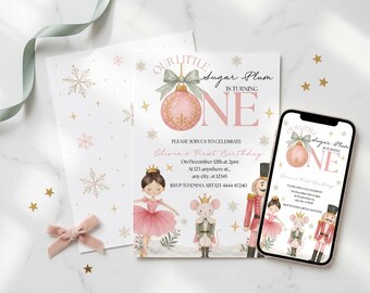Sugarplum Birthday Invitation, Nutcracker 1st Birthday, Pink Ballerina Winter Onederland, Editable Canva