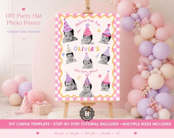 Fun To Be One Girl 1st Birthday Photo Milestone Poster , Colorful First Birthday Decor , Diy Photo 1st Birthday  , One is Fun Party Hat Kid