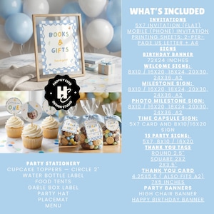 May include: A party decoration set with a framed sign that reads "Books & Gifts", cupcakes with toppers, and bags of treats. The set includes invitations, signs, banners, and thank you tags. The color scheme is light blue and white.
