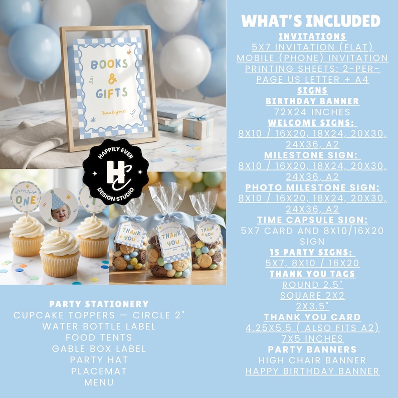 May include: A party decoration set with a framed sign that reads "Books & Gifts", cupcakes with toppers, and bags of treats. The set includes invitations, signs, banners, and thank you tags. The color scheme is light blue and white.