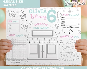 Baking Birthday Activity Placemat , Pink Cooking Birthday Invite , Cupcake Decorating Birthday Party Game  , Girls baking party Favor,