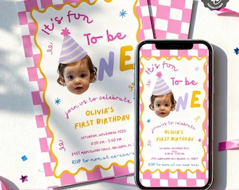 Diversión para cumplir un año: invitación de primer cumpleaños con foto, invitación colorida para el primer cumpleaños, invitación personalizada para el primer cumpleaños con foto, gorro de fiesta "Un año es divertido" para niños.