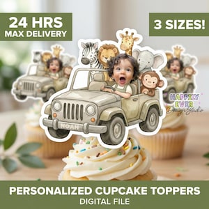 May include: Personalized cupcake toppers featuring a child in a safari jeep with cartoon animals. The jeep has the name "Noah" on the front. The image includes text that says "24 HRS MAX DELIVERY" and "3 SIZES!" and "PERSONALIZED CUPCAKE TOPPERS DIGITAL FILE".