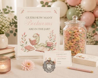 Guess How Many Bookworms, Our Next Chapter Pink Baby Shower Sign Game, A New Chapter Begins, Book Themed Canva Template, Instant Download