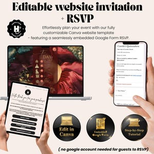 May include: A digital invitation template displayed on a laptop, tablet, and smartphone. The invitation features a floral design and the text "Editable website invitation + RSVP". Additional icons highlight editing in Canva, embedded Google Form, and a step-by-step tutorial.