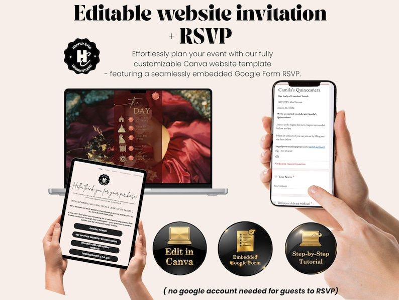 May include: A digital invitation template displayed on a laptop, tablet, and smartphone. The invitation features a floral design and the text "Editable website invitation + RSVP". Additional icons highlight editing in Canva, embedded Google Form, and a step-by-step tutorial.