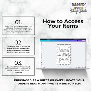 May include: A laptop screen shows a digital template labelled "Letters to Baby Amelia." The image provides instructions on accessing digital items post-purchase, with steps numbered 01, 02, and 03. The design studio logo is in the top right corner.