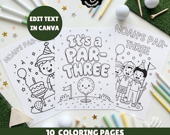Golf Birthday Coloring Pages, Par Three 3rd Birthday Activity, Editable Canva Template, Printable Kids Party Sheets
