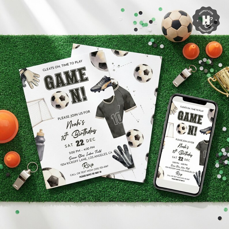 May include: Soccer-themed birthday party invitations with a green background. The invitations feature soccer balls, cleats, a jersey, and the text "GAME ON!" The invitation includes the birthday details and a smartphone displaying the same design.