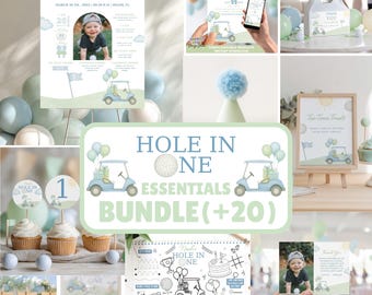 May include: A collection of party supplies with a golf theme, including invitations, cupcake toppers, and a coloring page. The color scheme is light blue and green, with golf cart illustrations and the text "Hole in One".