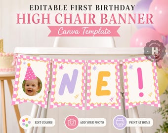 Fun To Be One Photo Girl 1st Birthday HIgh Chair Banner , One is Fun Pink Party Decor, Digital editable template