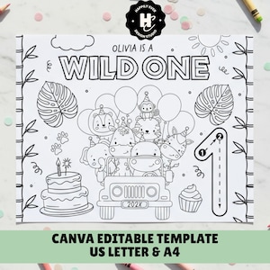 Peut inclure: Modèle de fête d'anniversaire imprimable en noir et blanc avec le texte "OLIVIA IS A WILD ONE". Le design comprend une jeep avec des animaux, un gâteau, un cupcake et le chiffre un. Le modèle est pour papier US Letter et A4.