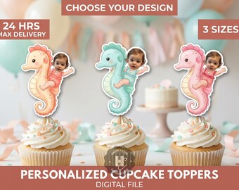 Personalized Seahorse Cupcake Toppers with Photo, Under the Sea Birthday Decor, Ocean Sea Creature Party Supplies
