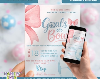 Doelen of bogen Gender Reveal uitnodigingssjabloon, bewerkbare voetbal Gender Reveal uitnodiging, sport Gender Reveal, voetbalthema onthullen