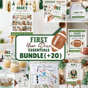 Könnte beinhalten: Eine Sammlung von Partyartikeln zum Thema Football, darunter Einladungen, Schilder, Cupcake-Topper und eine Malvorlage. Die Artikel haben ein grün-weißes Farbschema mit Football-Grafiken und dem Text "First Year Down Essentials Bundle (+20)".